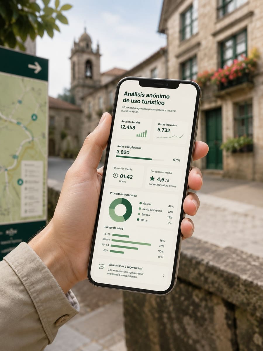 A phone showing the usage report: total visits, routes started and completed, average duration, rating, origin by area and age ranges.
